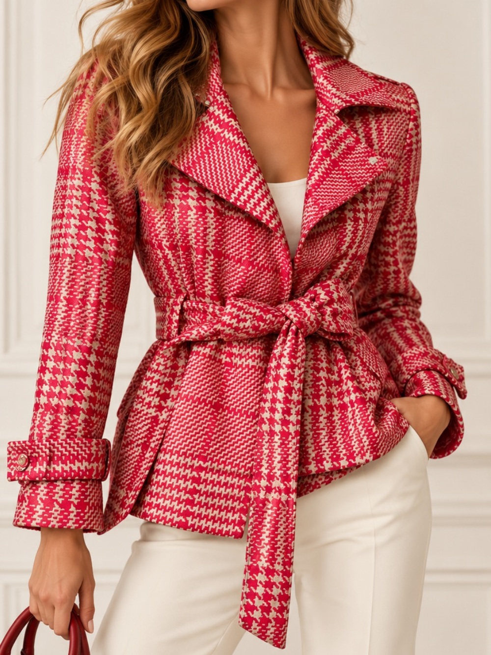 White House Black Market Pink Houndstooth Belted Jacket Coat